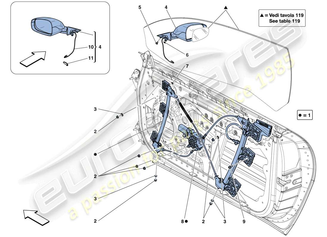 Ferrari GTC4 Lusso (RHD) PUERTAS - VENTANA ELÉCTRICA Y ESPEJO RETROVISOR Diagrama de piezas