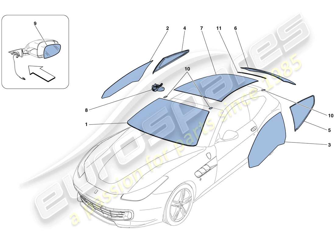 Ferrari GTC4 Lusso (RHD) PANTALLAS, VENTANAS Y JUNTAS Diagrama de piezas