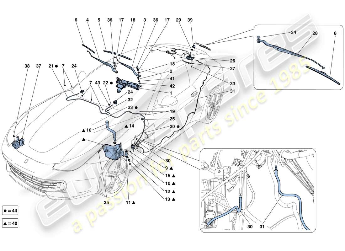 Ferrari GTC4 Lusso (RHD) LIMPIAPARABRISAS, Arandela Y BOCINA Diagrama de piezas