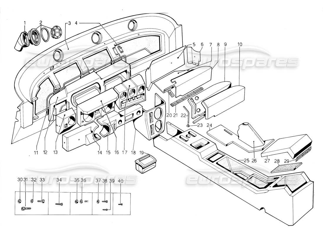Lamborghini Jalpa 3.5 (1984) Panel de control y túnel Diagrama de piezas