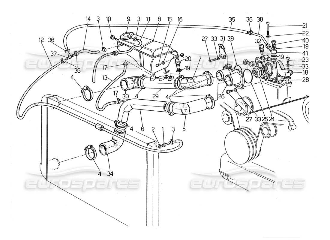 Maserati 2.24v Tubos de refrigeración del motor y termostato Diagrama de piezas