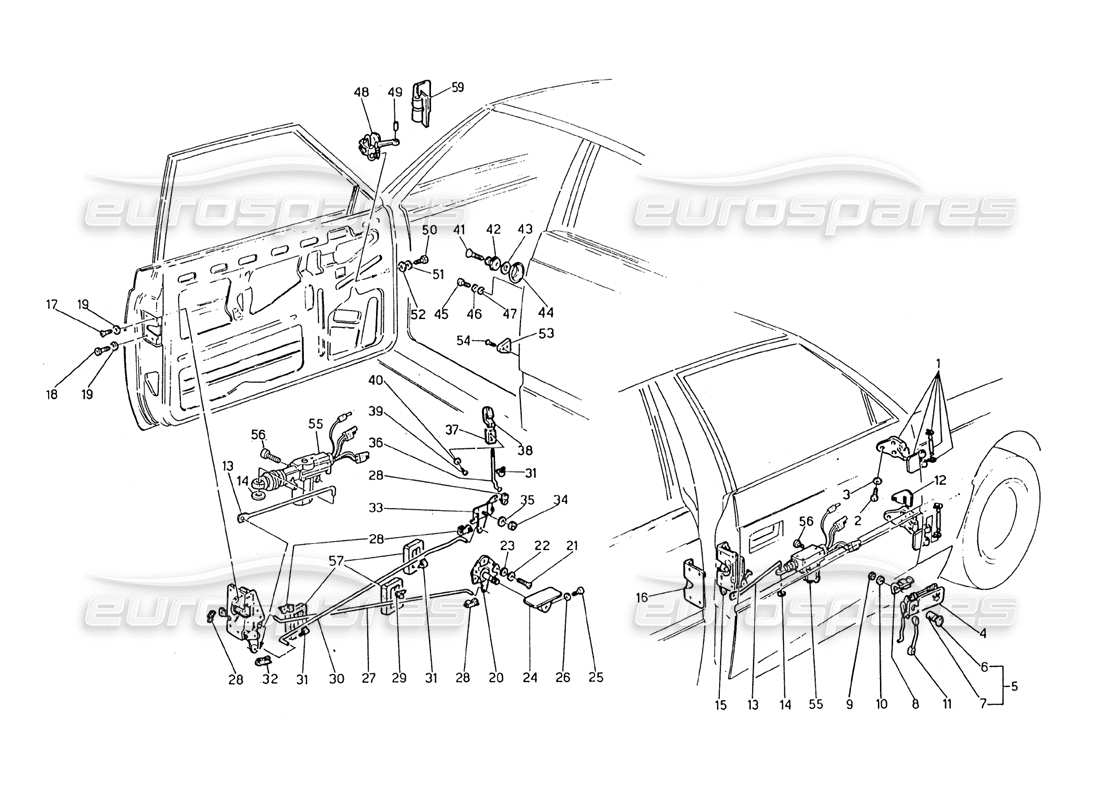 Maserati 2.24v Puertas: bisagras y controles internos. Diagrama de piezas