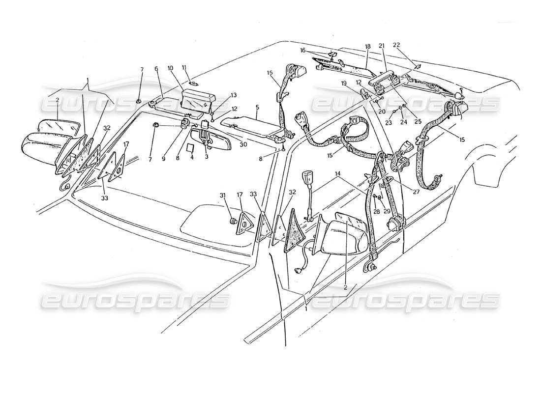 Maserati 2.24v Cinturones de seguridad, espejos y visera solar Diagrama de piezas