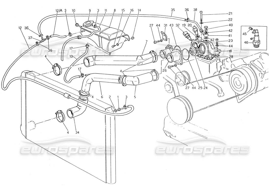 Maserati Karif 2.8 Tubos de refrigeración del motor y termostato Diagrama de piezas