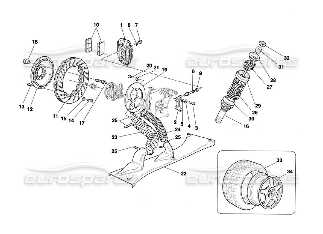 Ferrari 355 Desafío (1996) Frenos - Amortiguadores - Toma de aire trasera - Ruedas Diagrama de piezas