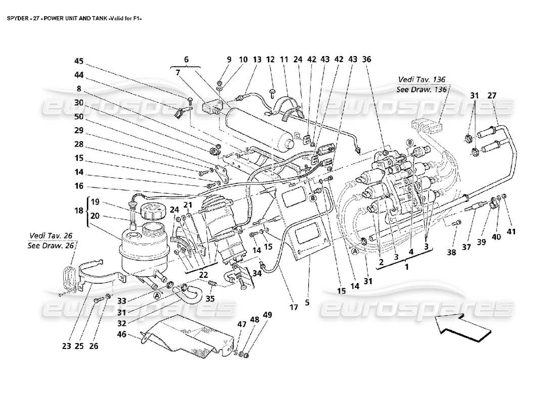Maserati 4200 Spyder (2002) Unidad de potencia y tanque -Válido para F1 Diagrama de piezas