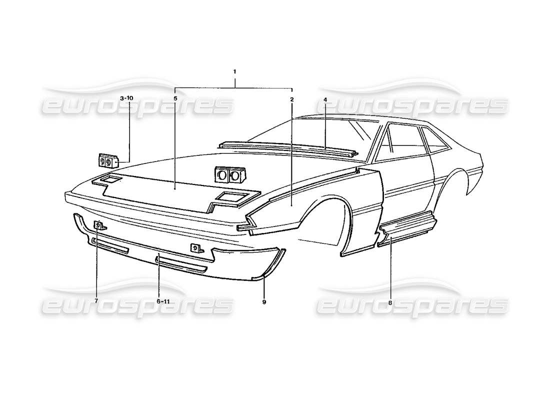 Ferrari 400 GT / 400i (Trabajo de entrenamiento) Paneles de carrocería frontales Diagrama de piezas