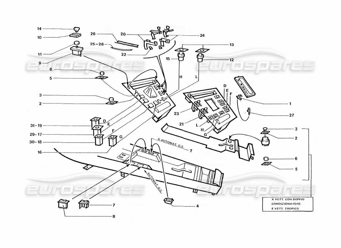 Ferrari 400 GT / 400i (Trabajo de entrenamiento) Interruptores internos de la consola central Diagrama de piezas