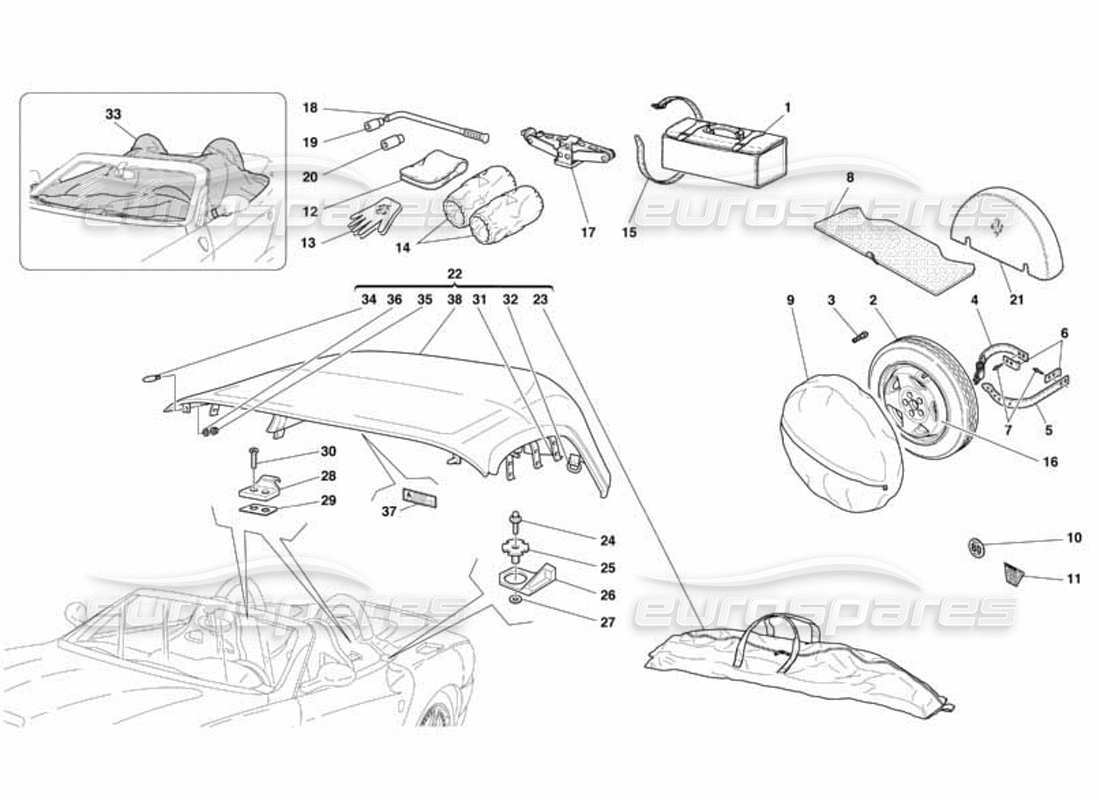 Ferrari 550 Barchetta Capote - Rueda de Repuesto -Kit de Herramientas Bolsa y Accesorios Diagrama de piezas