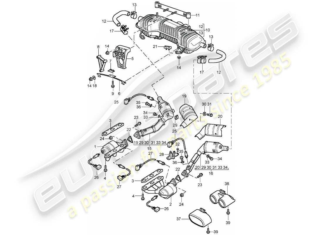 Porsche Boxster 986 (1997) SISTEMA DE ESCAPE - M 96.21/22 - M 96.23/24 Diagrama de piezas