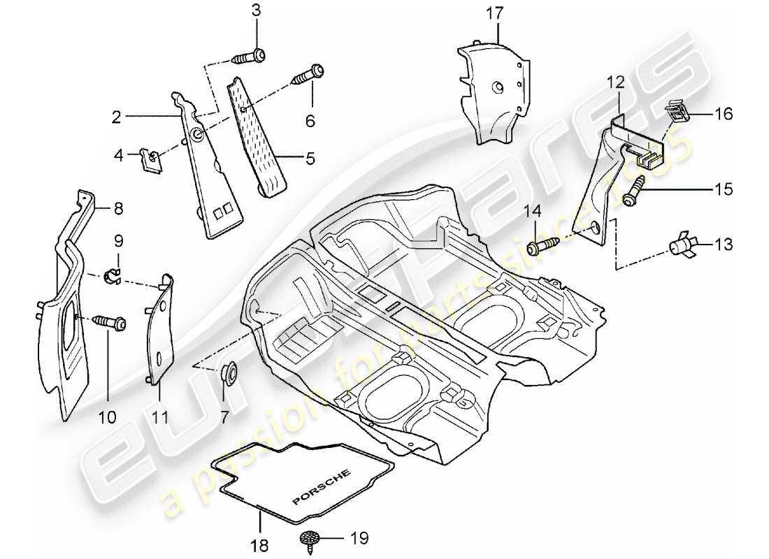 Porsche Boxster 986 (1997) EQUIPAMIENTO INTERIOR - CUBIERTA DEL PISO - MOLDEADOS Diagrama de piezas