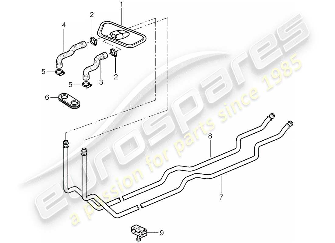 Porsche Boxster 986 (1997) calentador - tubo de suministro - línea de retorno Diagrama de piezas