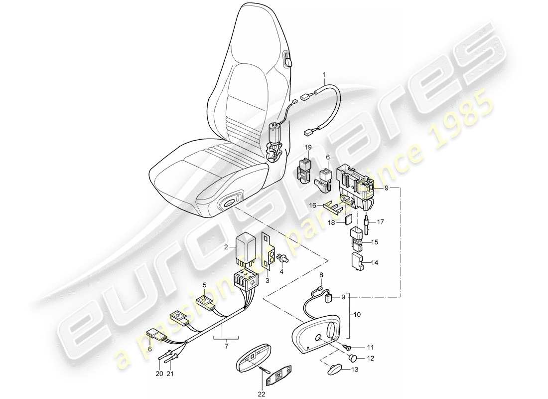 Porsche Boxster 986 (1997) mazos de cables - interruptor - asiento estándar - asiento deportivo Diagrama de piezas