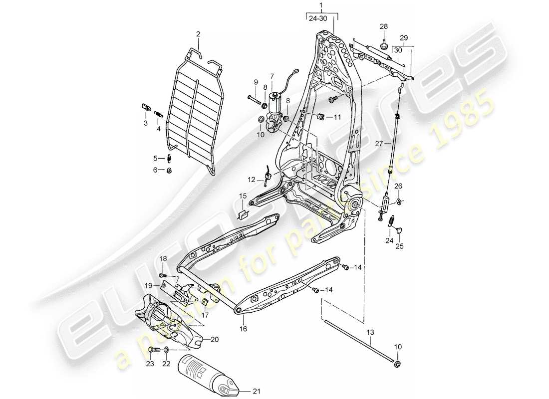 Porsche Boxster 986 (1998) estructura - respaldo - estructura para asiento - asiento estándar - asiento confort Diagrama de piezas