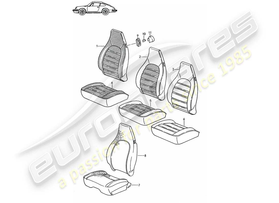 Porsche Seat 944/968/911/928 (1994) CUBIERTA - ASIENTO DELANTERO - D - MJ 1985>> - MJ 1986 Diagrama de piezas
