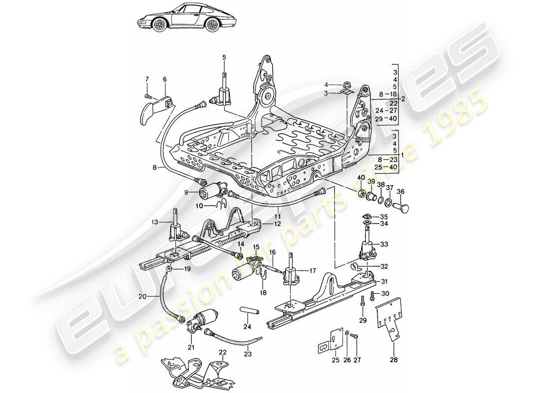 Porsche Seat 944/968/911/928 (1994) MARCO PARA ASIENTO - PARA - ASIENTO CONFORT - Y - ASIENTO ESTÁNDAR - CON: - ELEC. AJUSTE VERTICAL - D - MJ 1994>> - MJ 1998 Diagrama de piezas