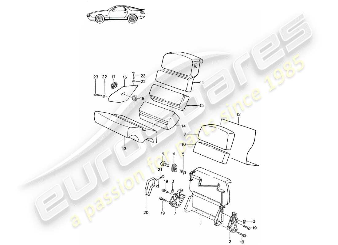 Porsche Seat 944/968/911/928 (1994) RESPALDO DEL ASIENTO DE EMERGENCIA - - D - MJ 1987>> Diagrama de piezas