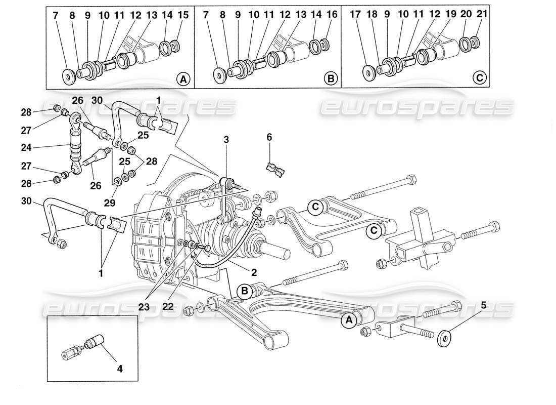 Ferrari 355 Desafío (1999) Tubos de freno y suspensión trasera Diagrama de piezas