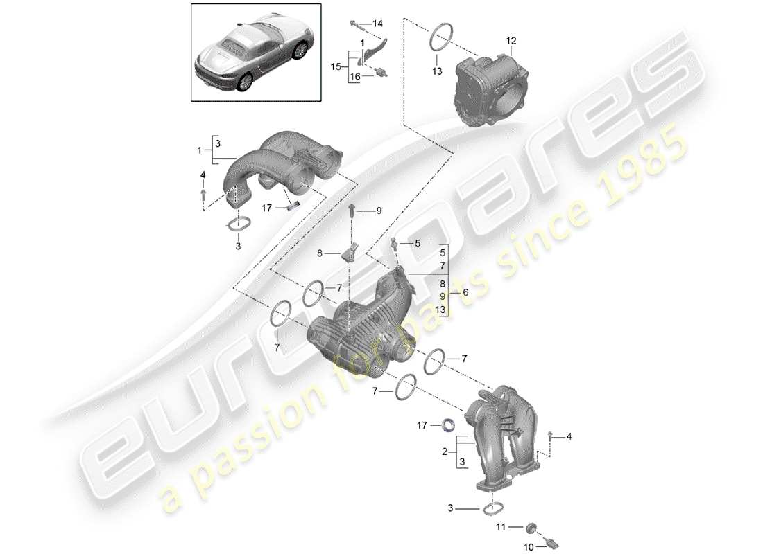 Porsche 718 Boxster (2020) distribuidor de aire de admisión Diagrama de piezas