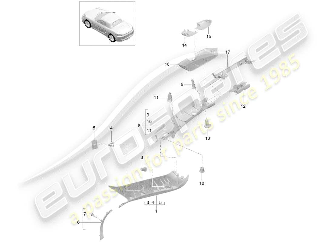Porsche 718 Boxster (2020) un pilar Diagrama de piezas