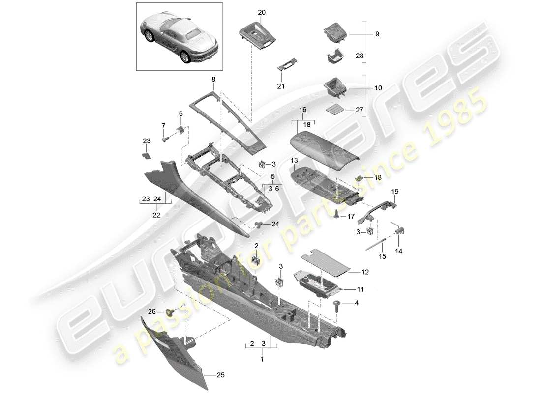 Porsche 718 Boxster (2020) CENTER CONSOLE Diagrama de piezas