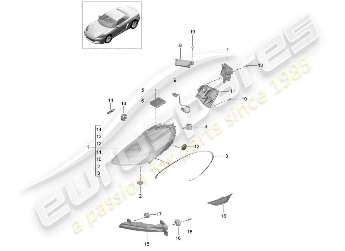 Porsche 718 Boxster (2020) lámpara de cabeza Diagrama de piezas