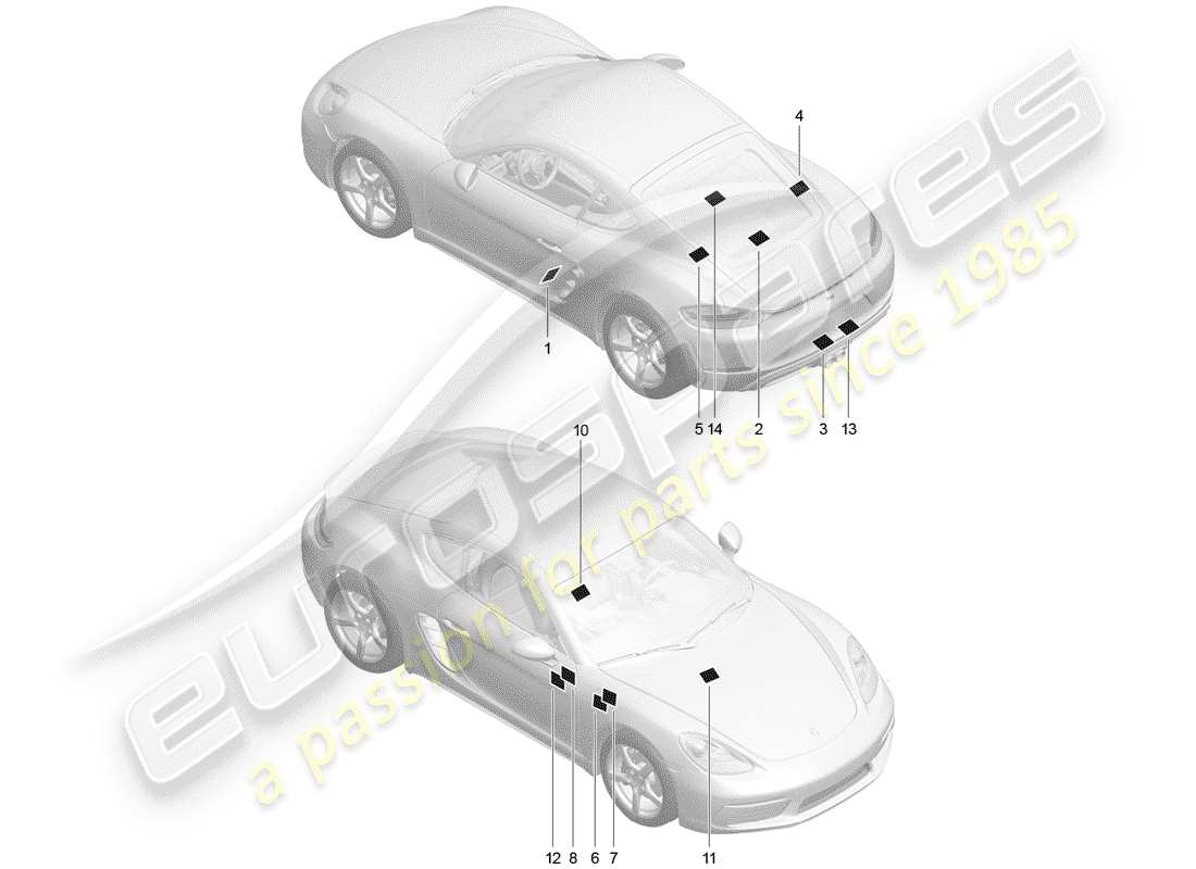 Porsche 718 Cayman (2018) SEÑALES/AVISOS Diagrama de piezas