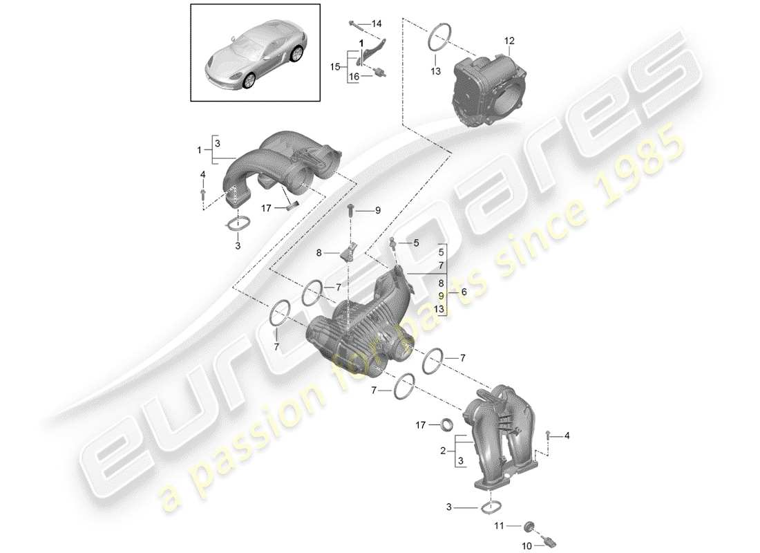 Porsche 718 Cayman (2018) distribuidor de aire de admisión Diagrama de piezas