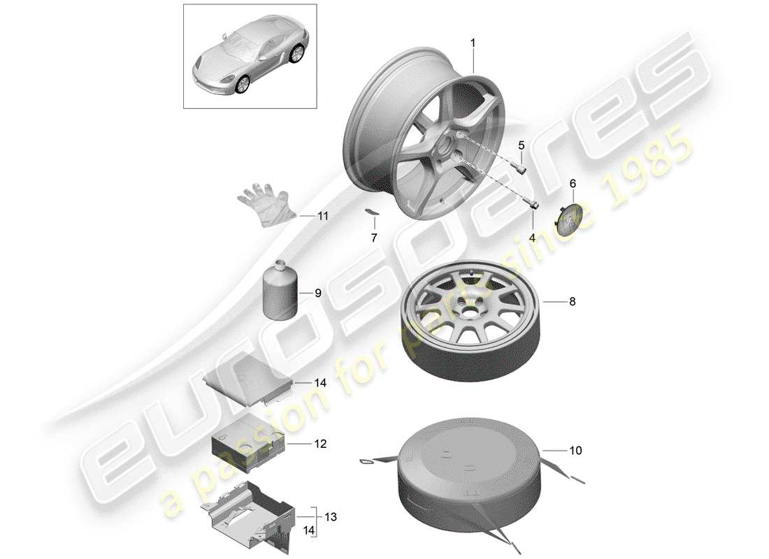 Porsche 718 Cayman (2018) rueda de aleación Diagrama de piezas
