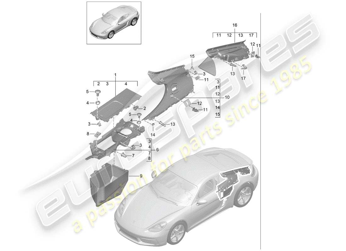 Porsche 718 Cayman (2018) adornos Diagrama de piezas