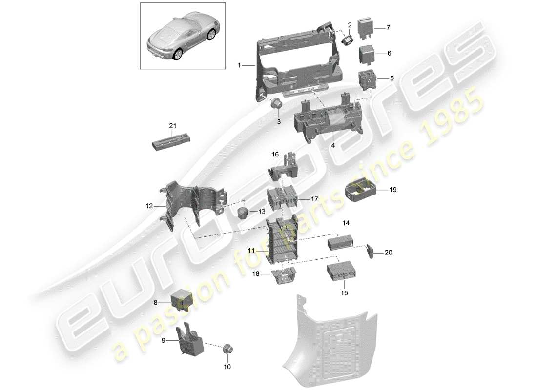 Porsche 718 Cayman (2018) caja de fusibles/placa de relés Diagrama de piezas