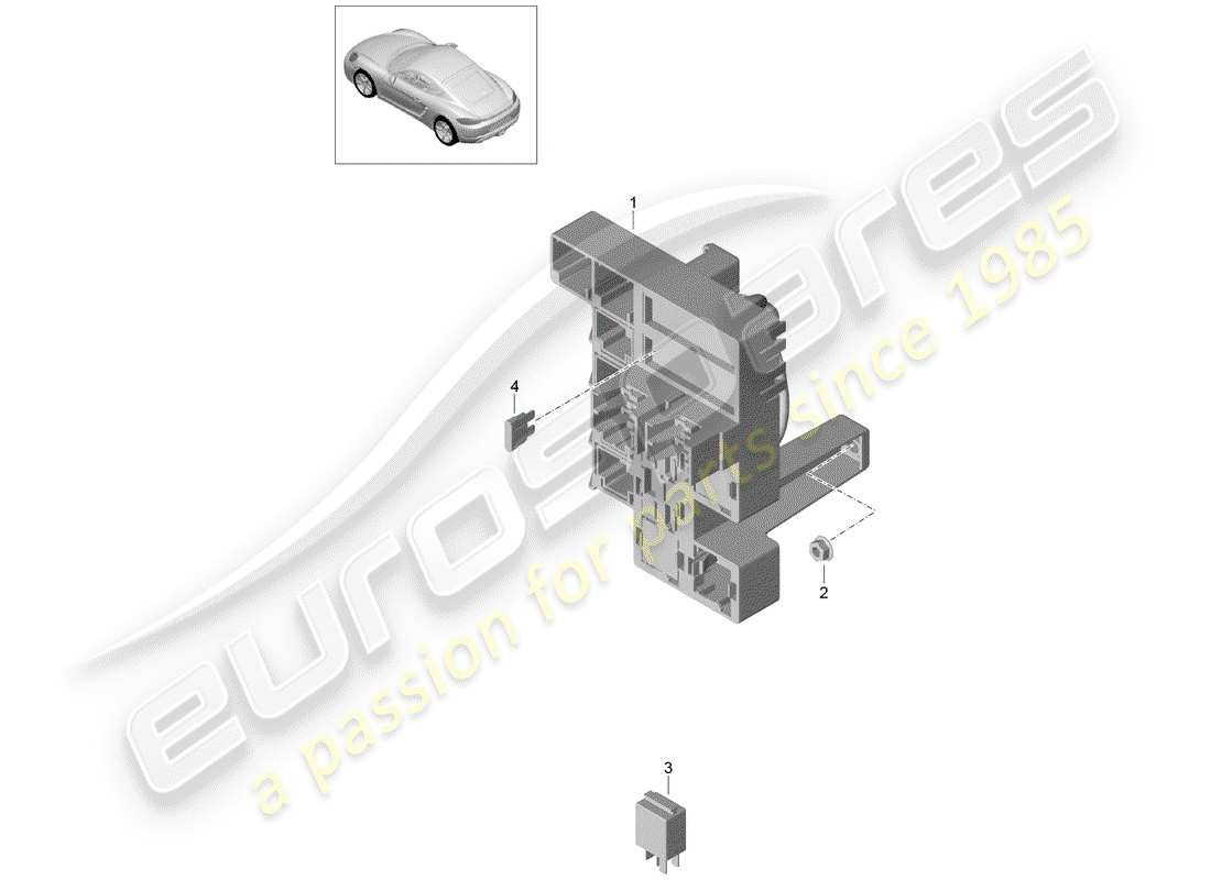 Porsche 718 Cayman (2018) caja de fusibles/placa de relés Diagrama de piezas