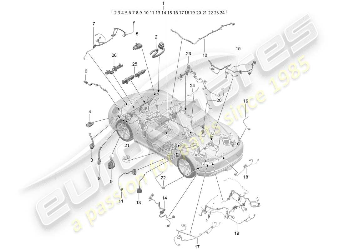 Porsche 718 Cayman (2018) cableando arneses Diagrama de piezas