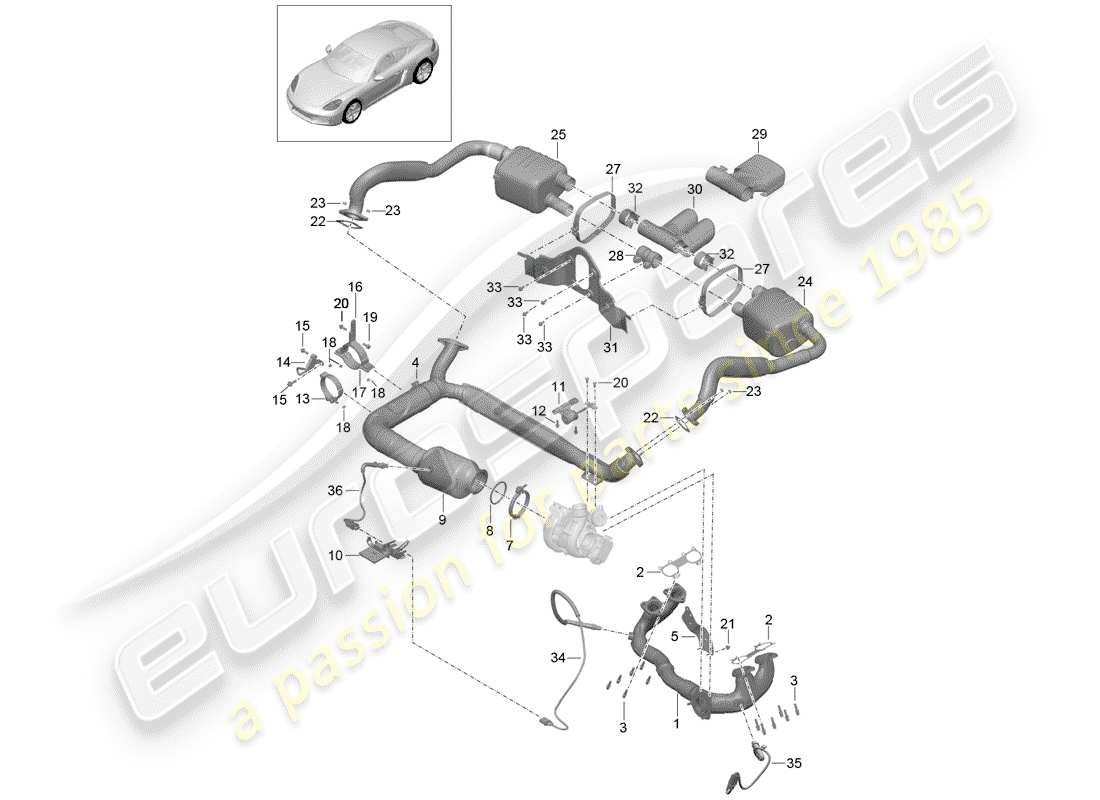 Porsche 718 Cayman (2019) Sistema de escape Diagrama de piezas