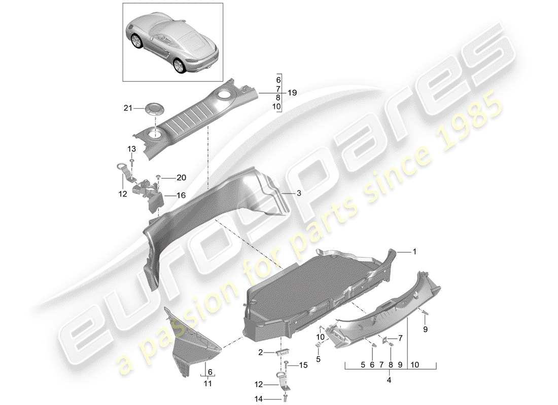 Porsche 718 Cayman (2019) FORRO DE BOTA Diagrama de piezas