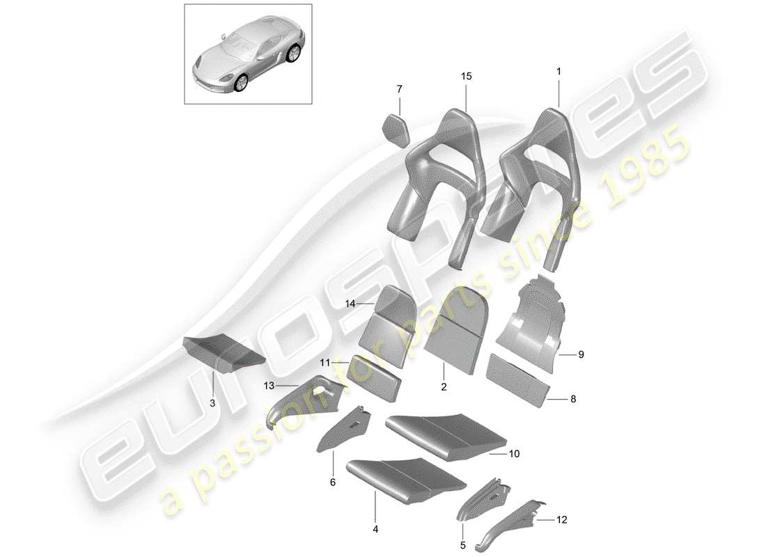 Porsche 718 Cayman (2019) parte de espuma Diagrama de piezas