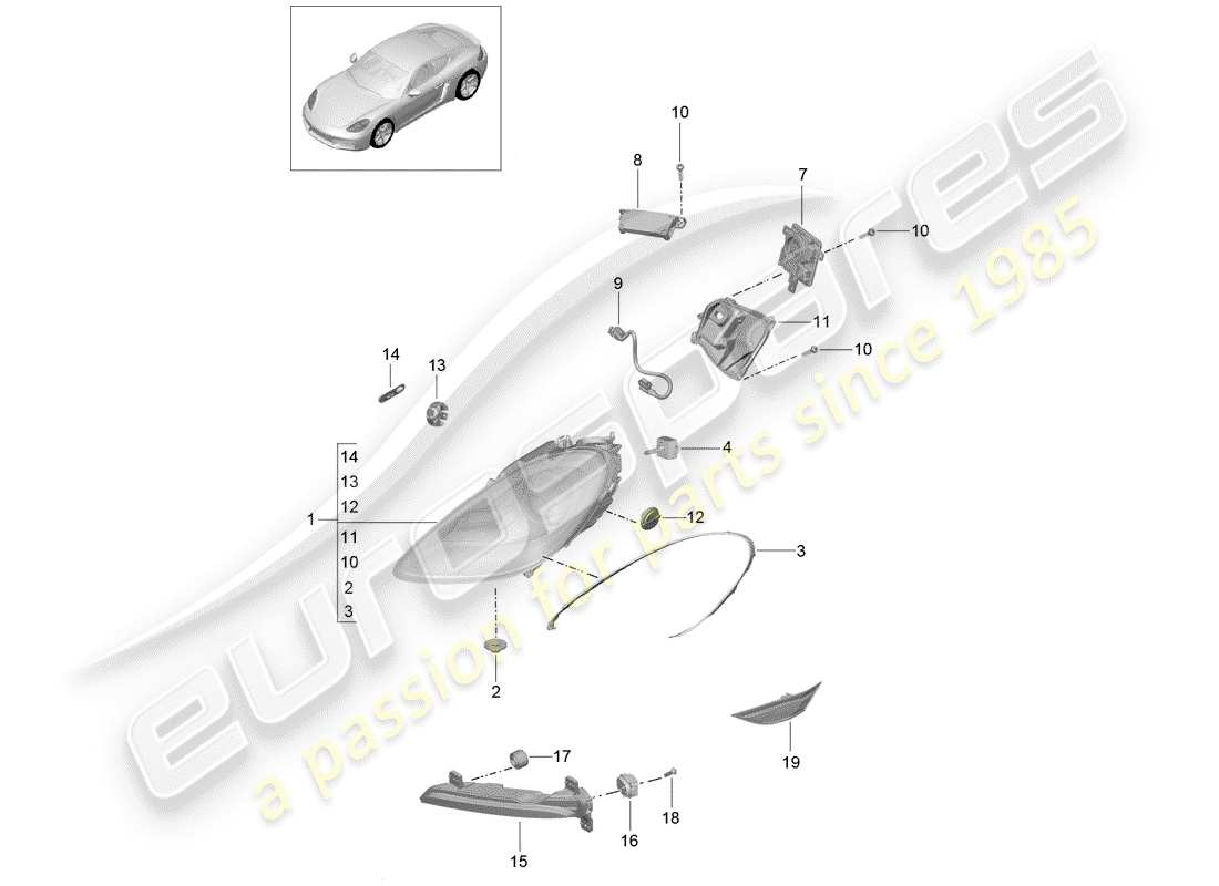 Porsche 718 Cayman (2019) lámpara de cabeza Diagrama de piezas