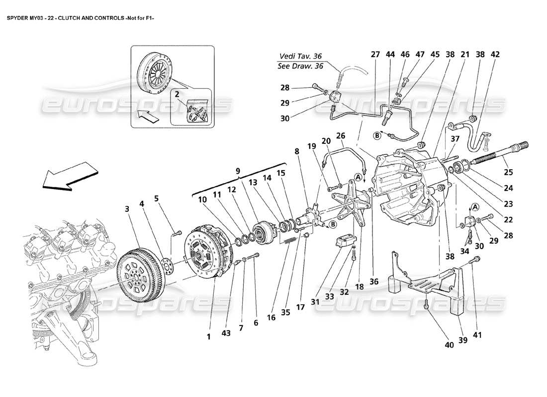 Maserati 4200 Spyder (2003) Embrague y controles: no para F1 Diagrama de piezas