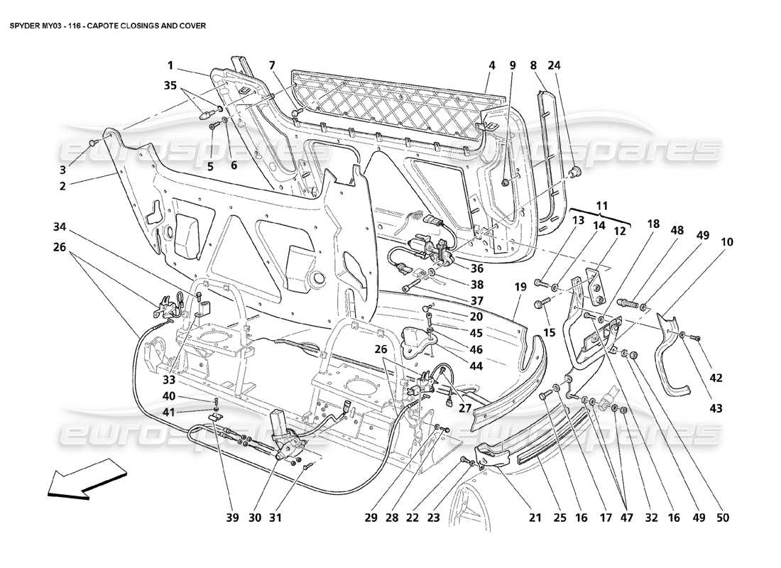 Maserati 4200 Spyder (2003) Capote Cierres y Revestimientos Diagrama de piezas