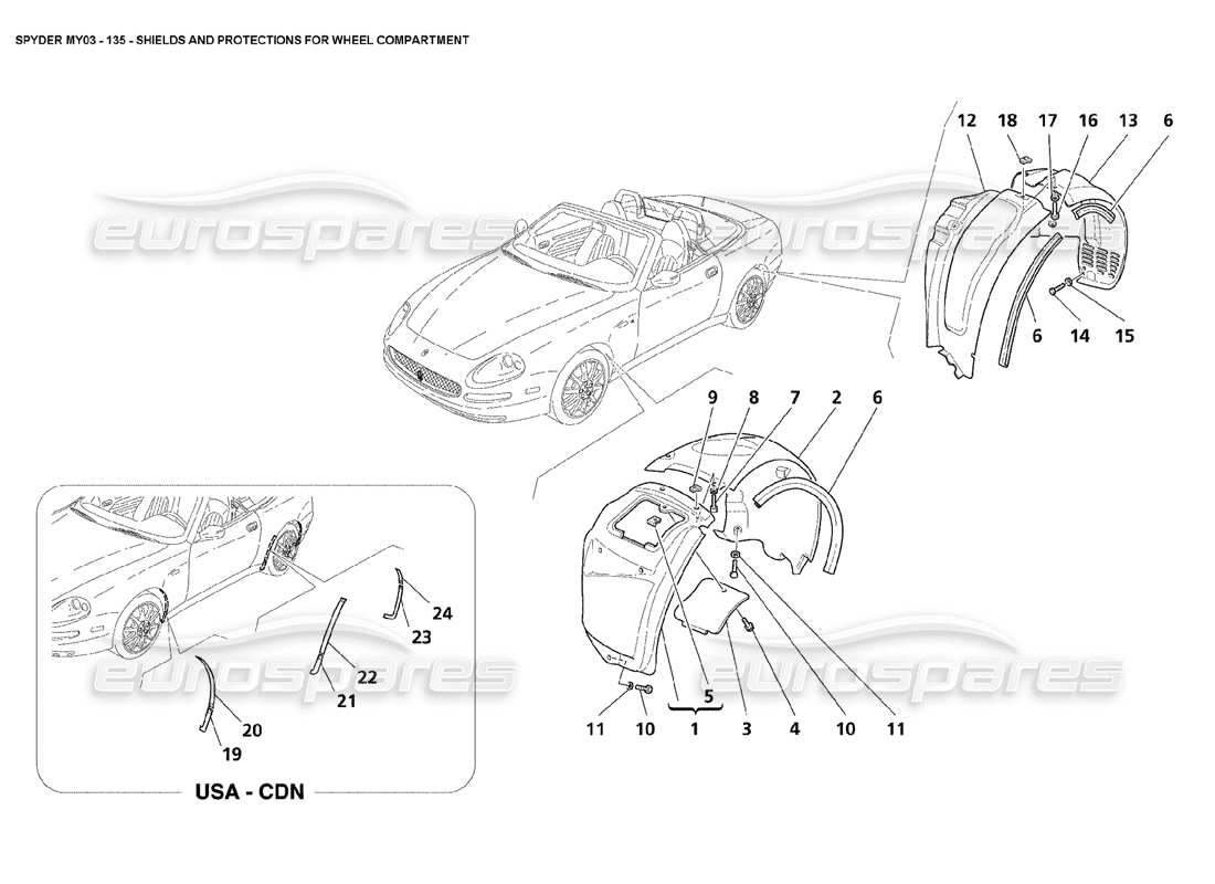 Maserati 4200 Spyder (2003) Escudos y Protecciones para Compartimiento de Ruedas Diagrama de piezas