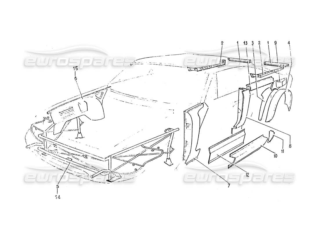 Ferrari 365 GT 2+2 (Trabajo de coaching) Carrocería de estructura Diagrama de piezas