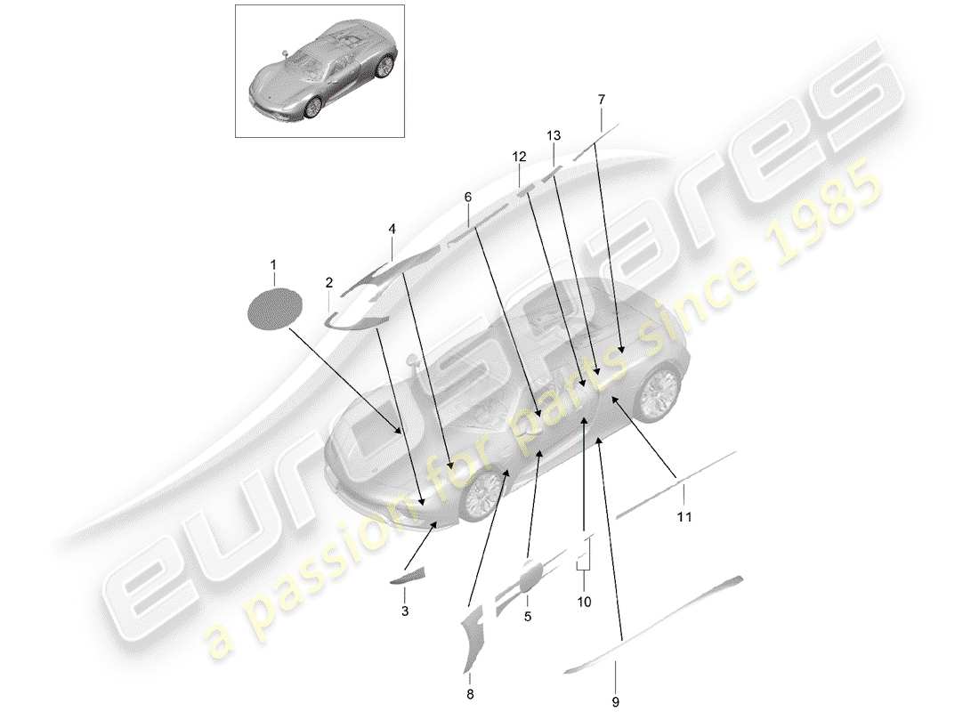 Porsche 918 Spyder (2015) recortar papel de aluminio Diagrama de piezas