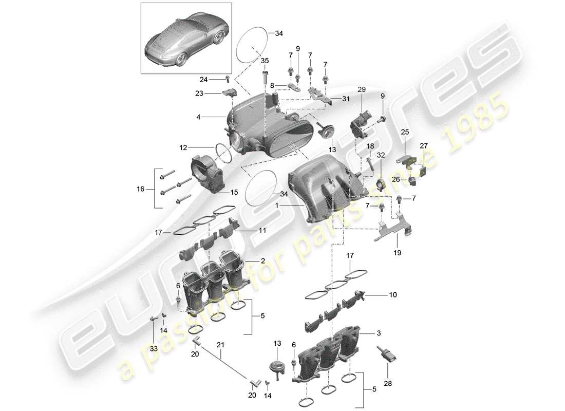 Porsche 991 (2014) distribuidor de aire de admisión Diagrama de piezas