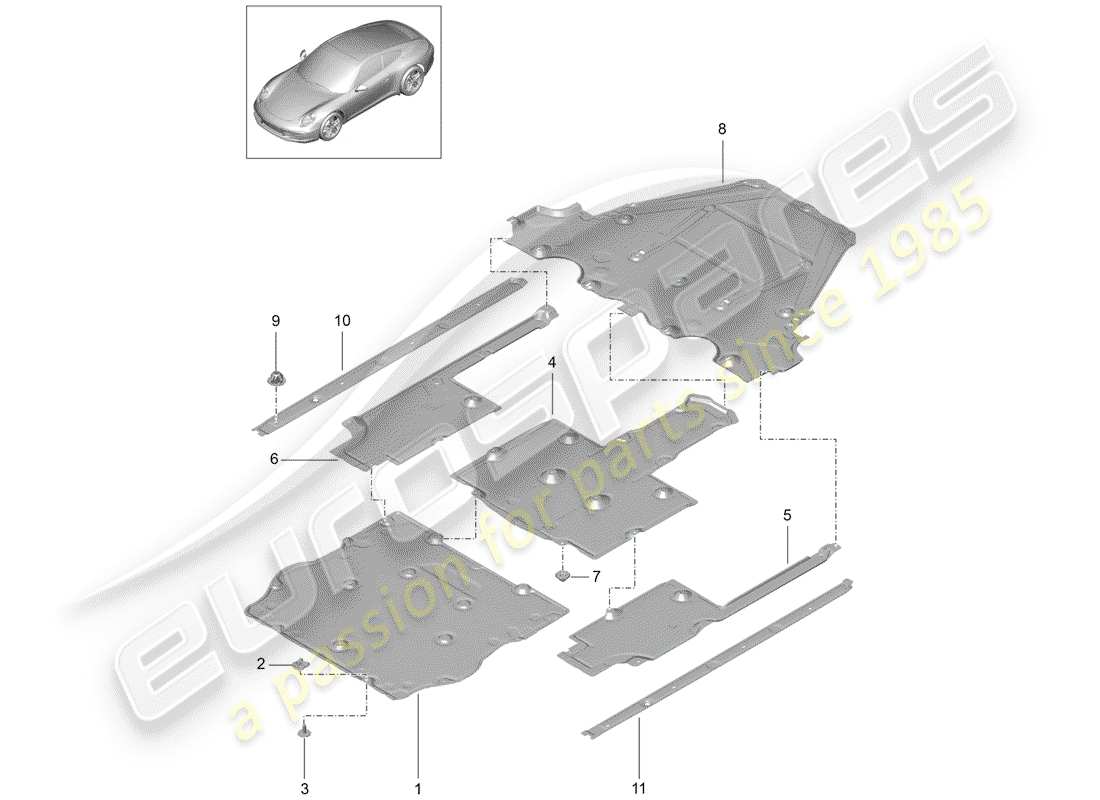 Porsche 991 (2014) REVESTIMIENTO DE BAJOS Diagrama de piezas
