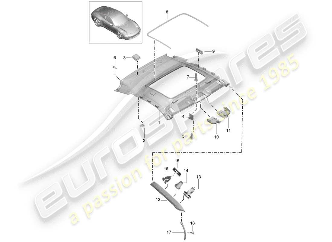 Porsche 991 (2014) PANEL DE ADORNO DE TECHO Diagrama de piezas