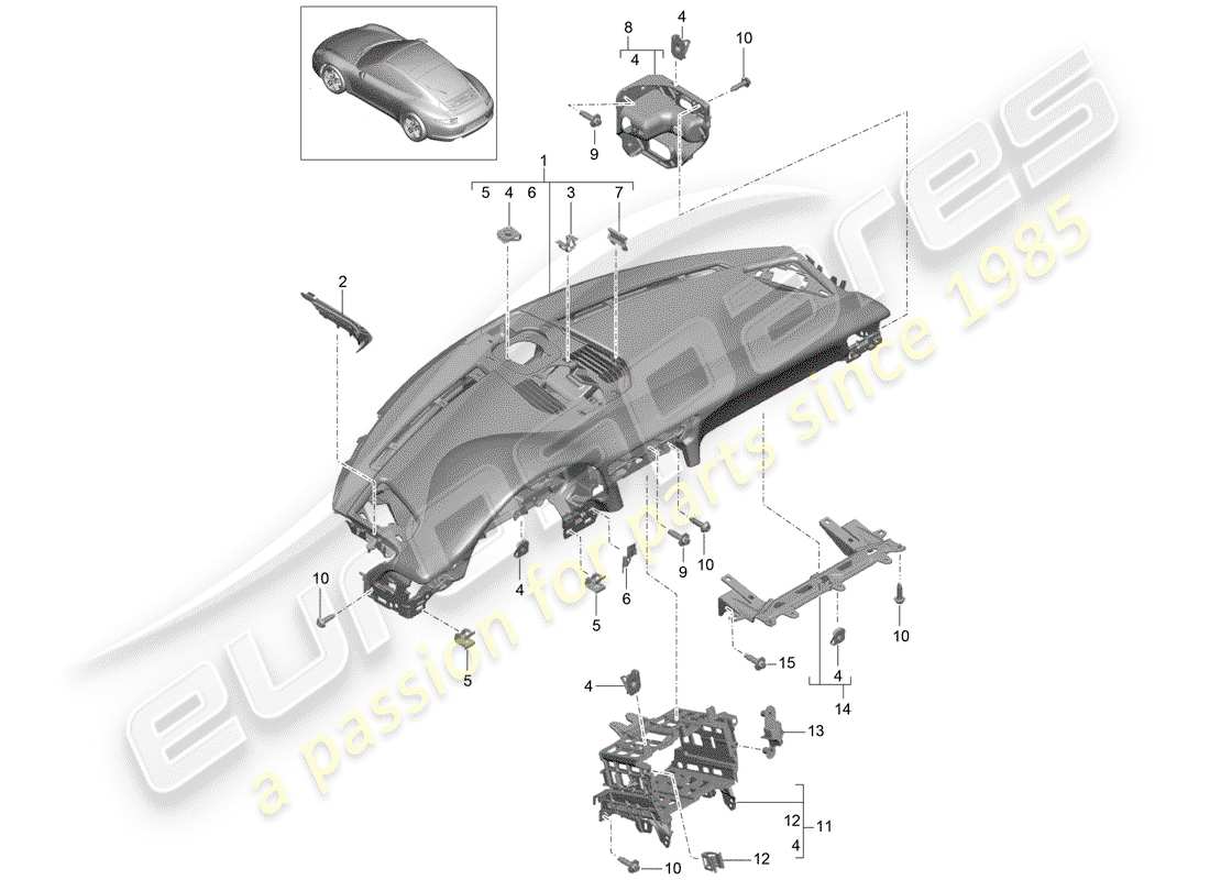 Porsche 991 (2014) moldura del panel de instrumentos Diagrama de piezas