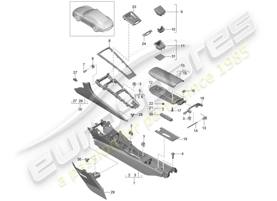 Porsche 991 (2014) CENTER CONSOLE Diagrama de piezas