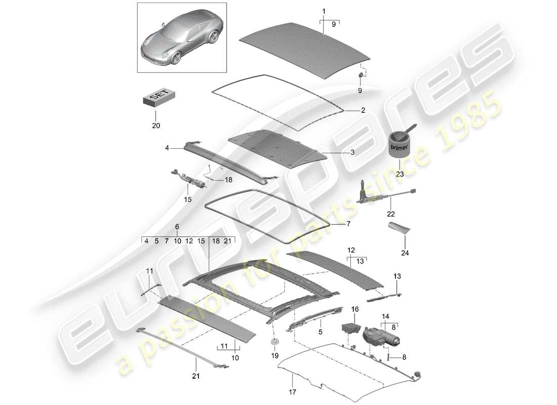 Porsche 991 (2014) techo corredizo Diagrama de piezas