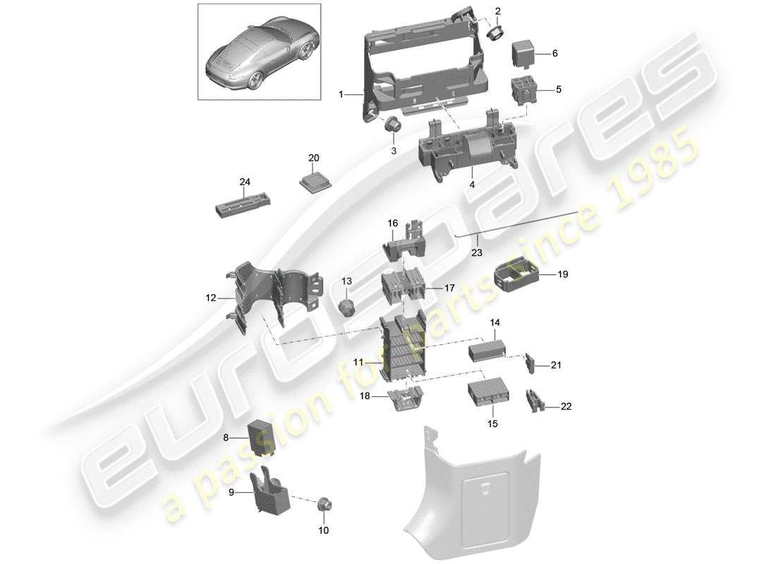 Porsche 991 (2014) caja de fusibles/placa de relés Diagrama de piezas