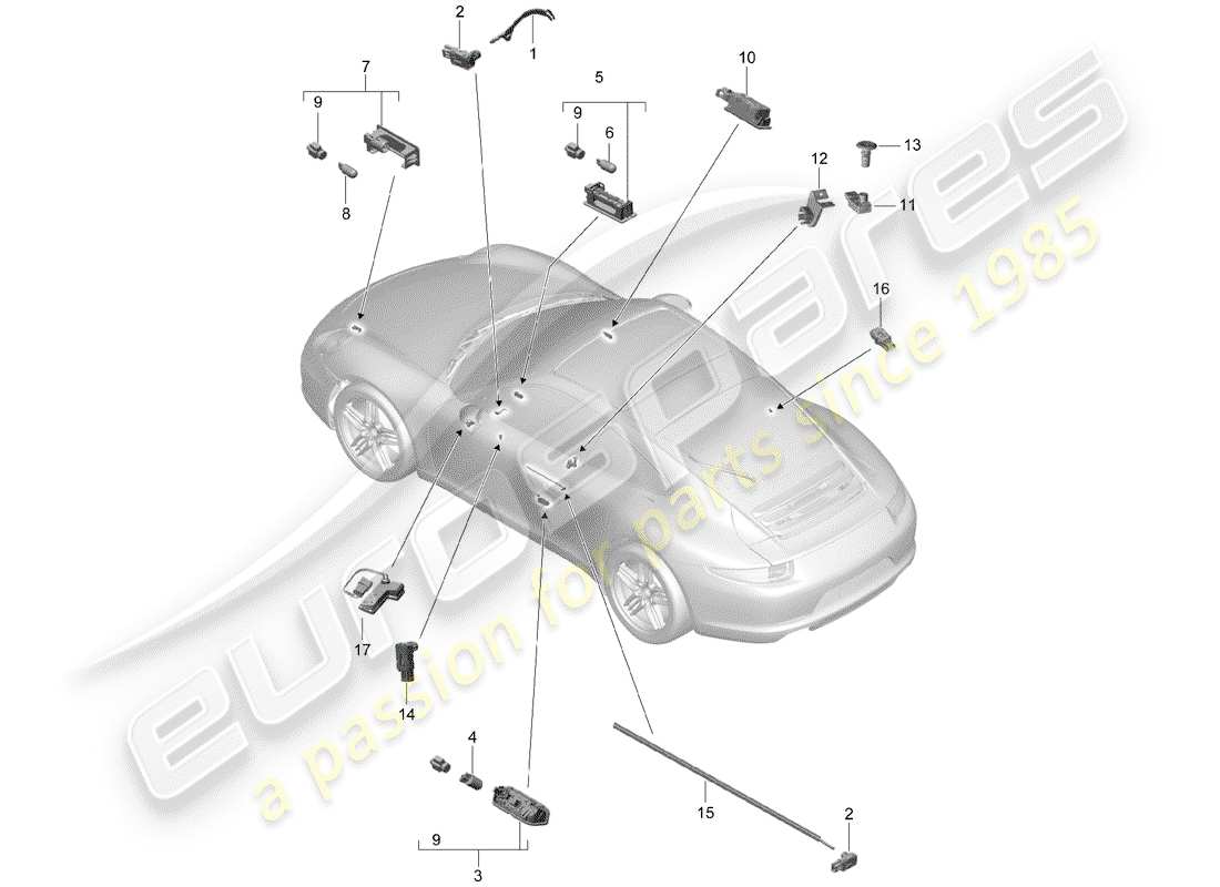 Porsche 991 (2014) luces interiores Diagrama de piezas